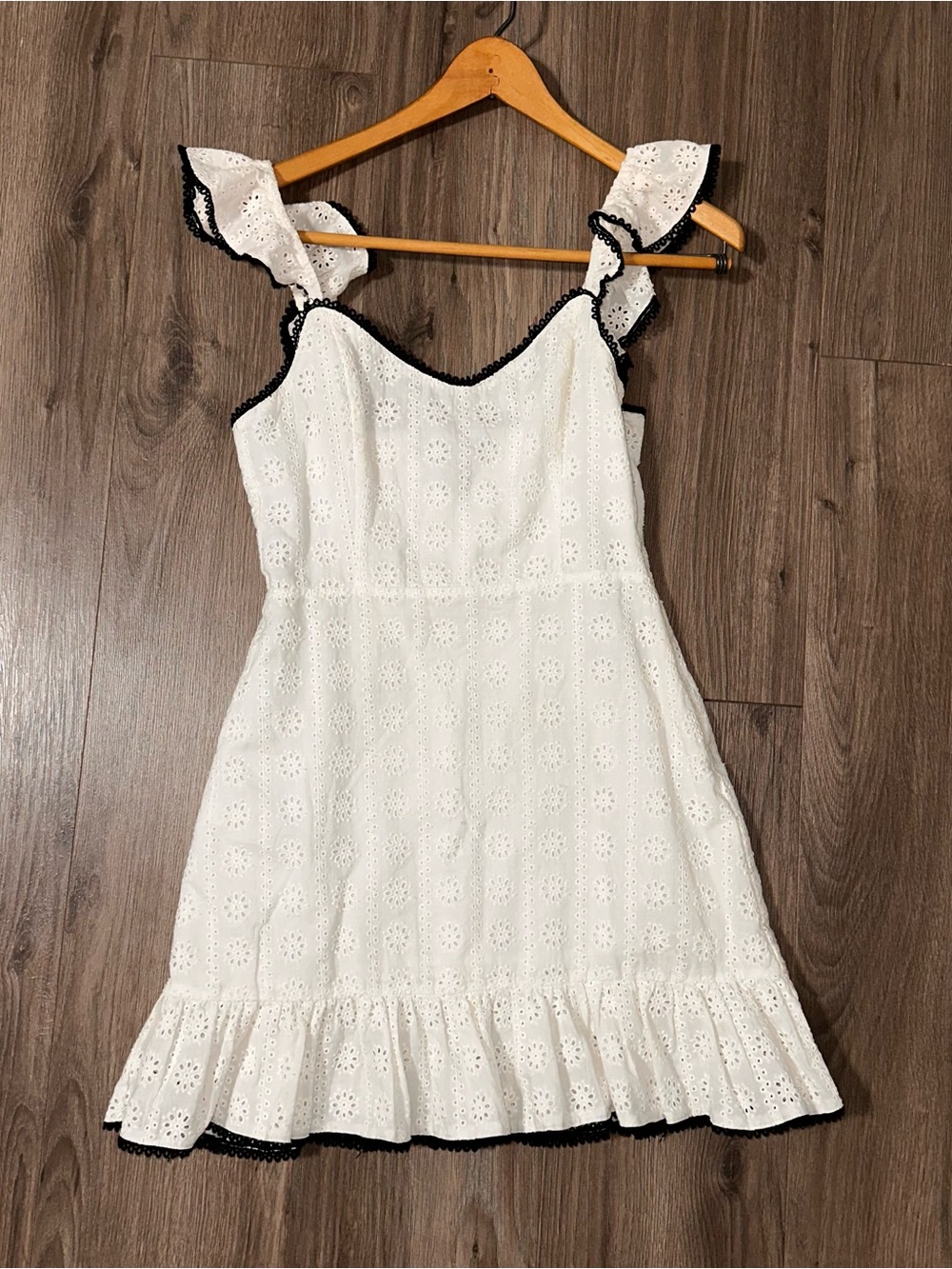 White Eyelet Cotton Mini Dress with Black Trim Cotton Lining Summer NWOT